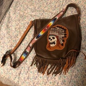 Custom beaded painted skull fringe crossbody bag